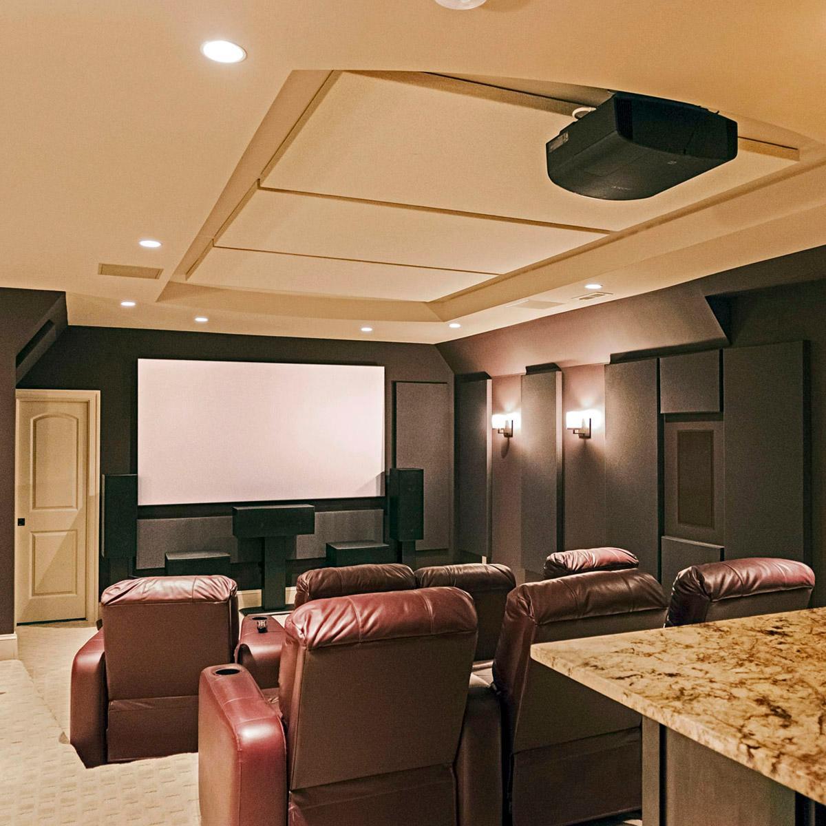 LiveWire Home Theater — two-inch fabric wrapped panels installed over the theater seating and the bar area.