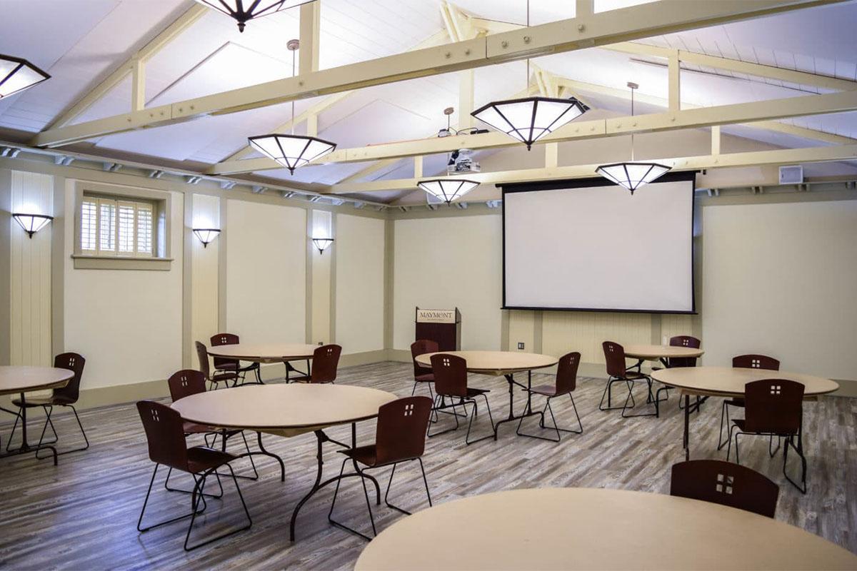 Fabric wrapped acoustic panels on the ceiling of the Maymont Westover conference room.