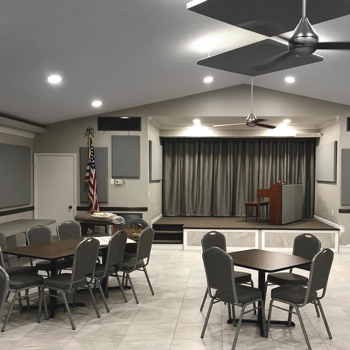 Meadowbrook Lakes has a clubhouse that serves 184 condominiums. To reduce echo in the space, fabric wrapped panels were placed on the wall and ceiling.