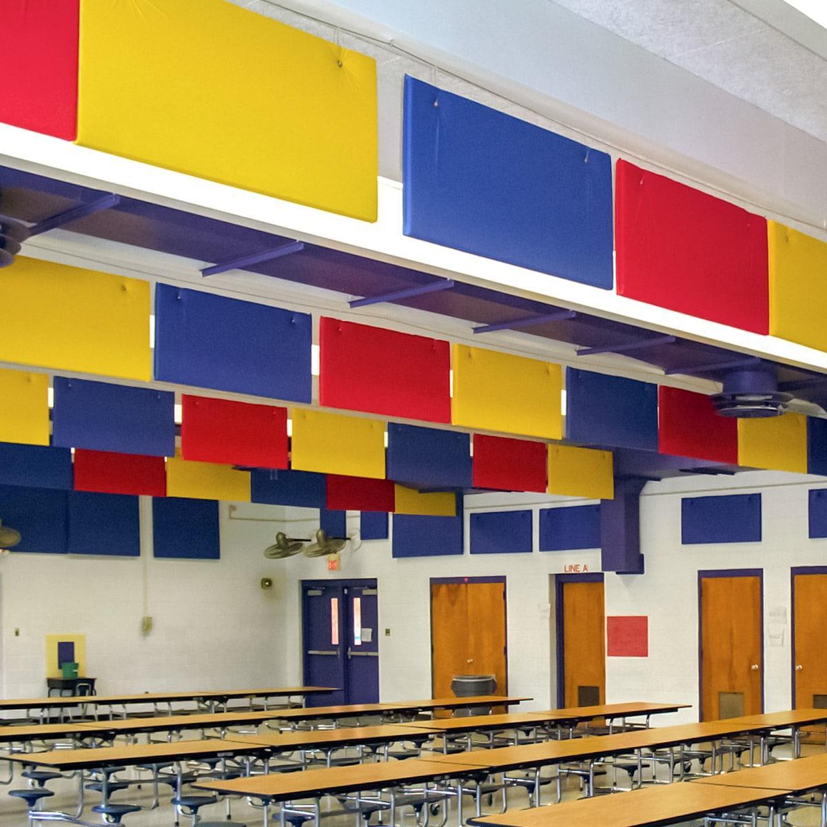 The AlphaEnviro® PVC baffles and panels provide a colorful and effective way to improve the room acoustics in this cafeteria at Mechanicsville Elementary School.
