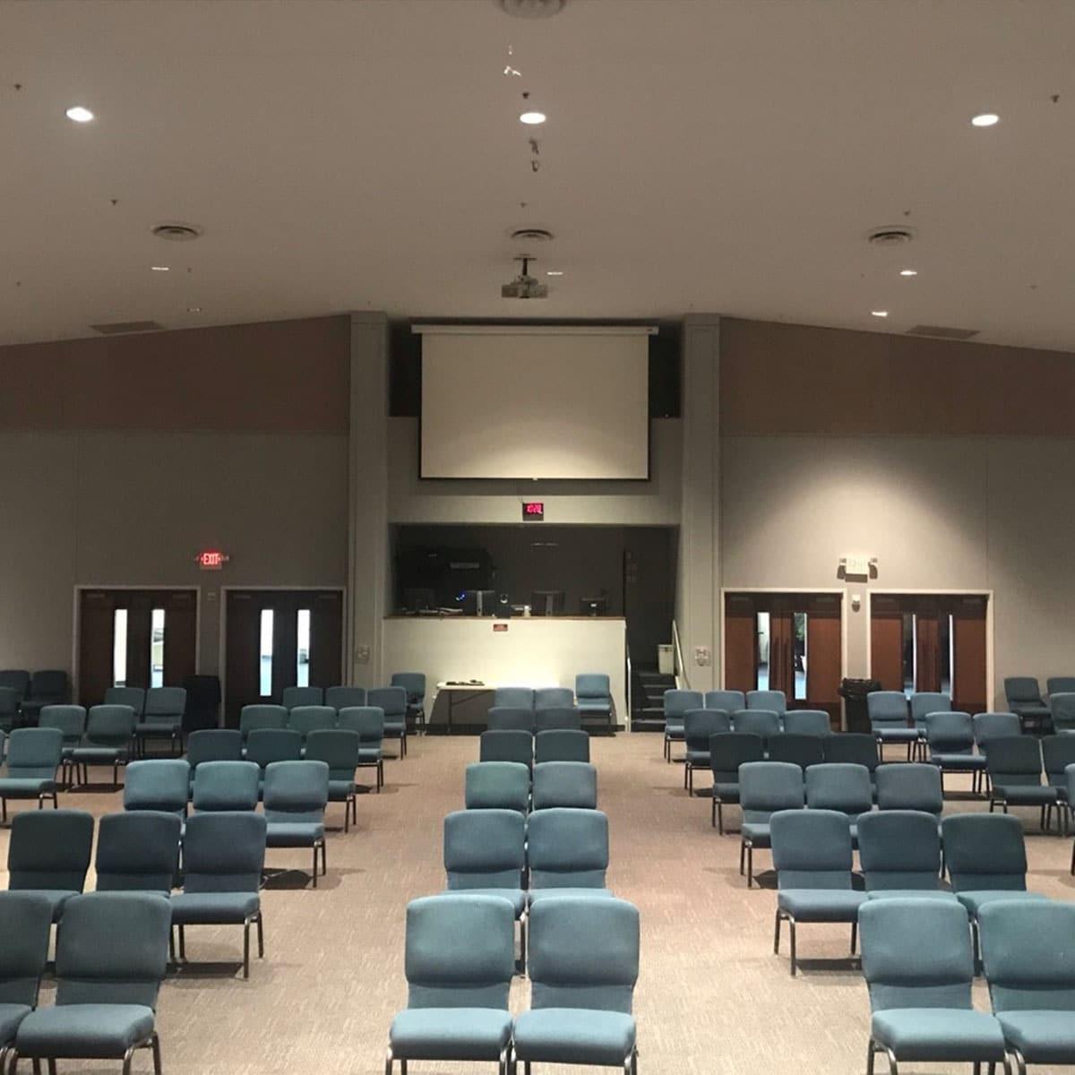 Fabric wrapped panels reduce echo in Mt. Vernon Baptist Church.