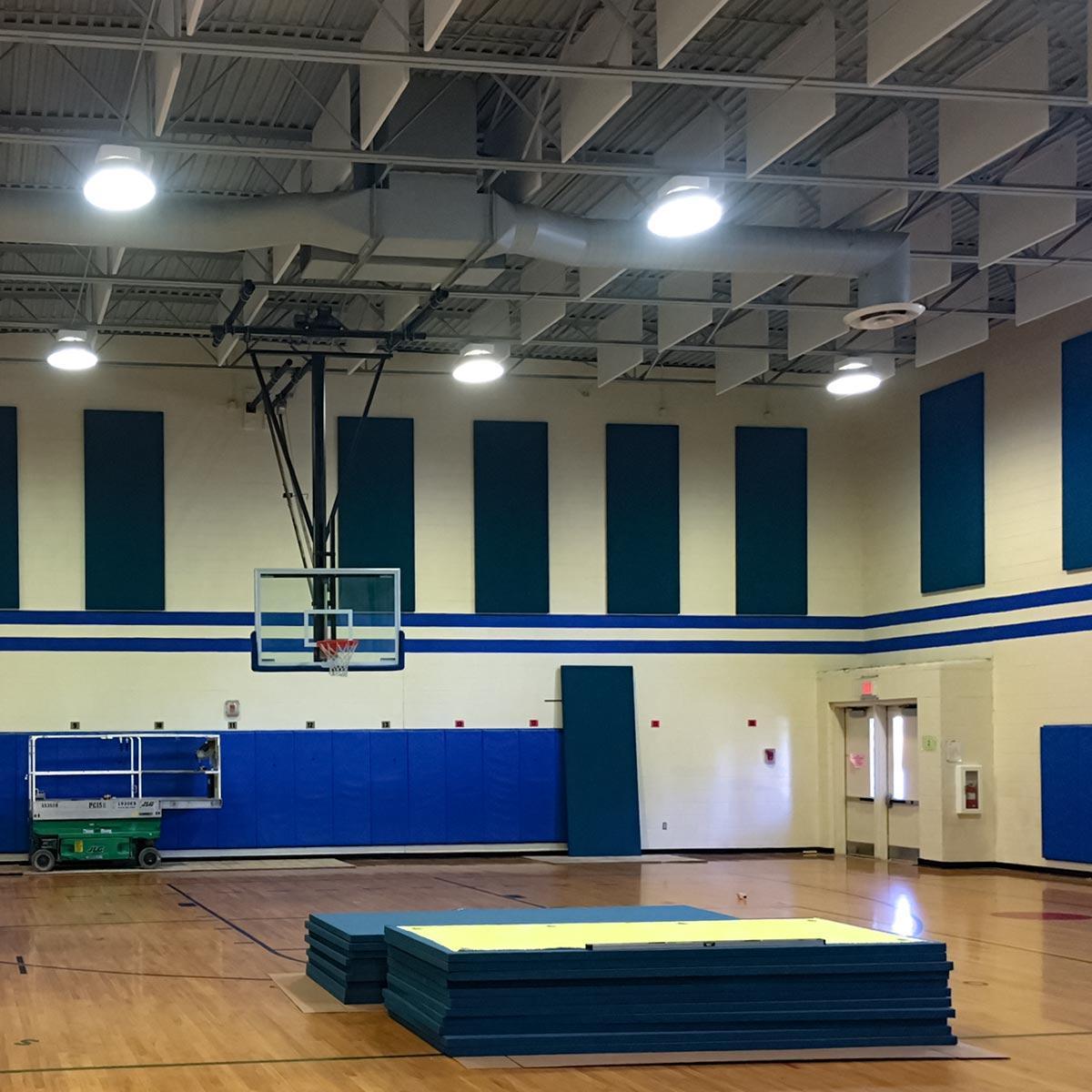 At Kent Elementary School, plastic PVC baffles treat the acoustics of the space.