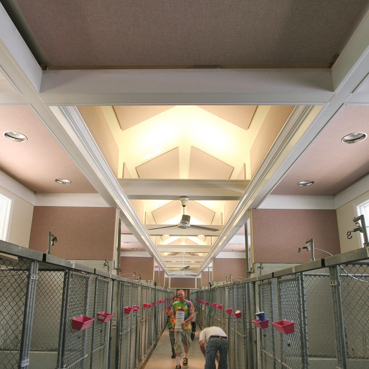 AlphaSorb® Fabric-Wrapped Acoustic Panels on the sides and top of each dog’s kennel, and in the cathedral ceiling.