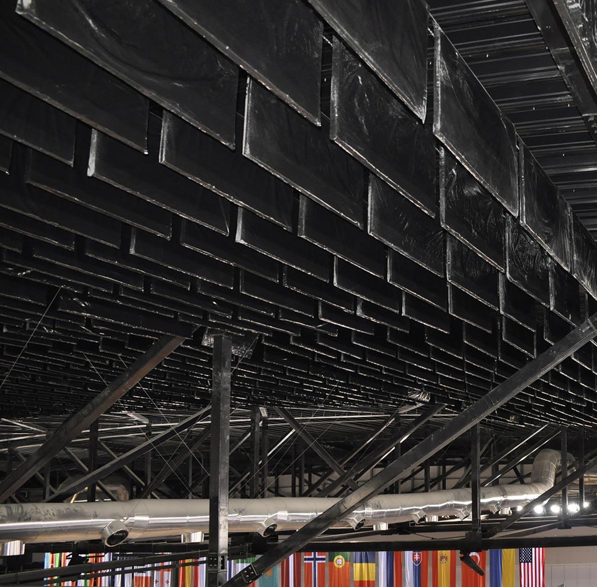 Polywrap Sound Baffles Installed in a Warehouse Ceiling