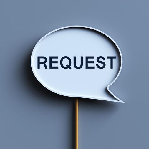 Image of the word "Request" in a three dimensional speach bubble