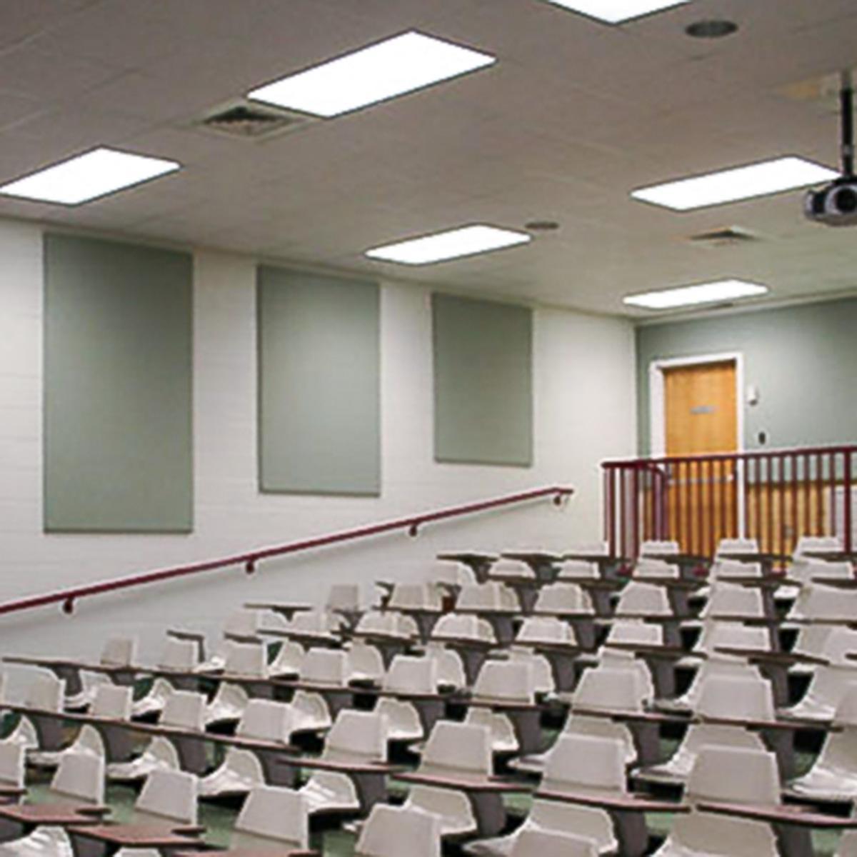 Fabric wrapped acoustic panels line the walls of the Richard Bland College Auditorium.