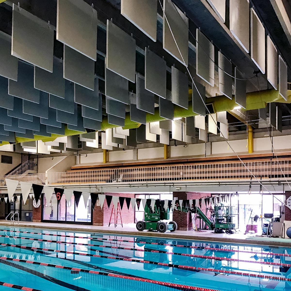A series of 4′ x 4′ PVC Baffles installed at the Ridgefield Aquatic Club Pool to lower the reverberation and to improve the communication efforts between the coaches and athletes.