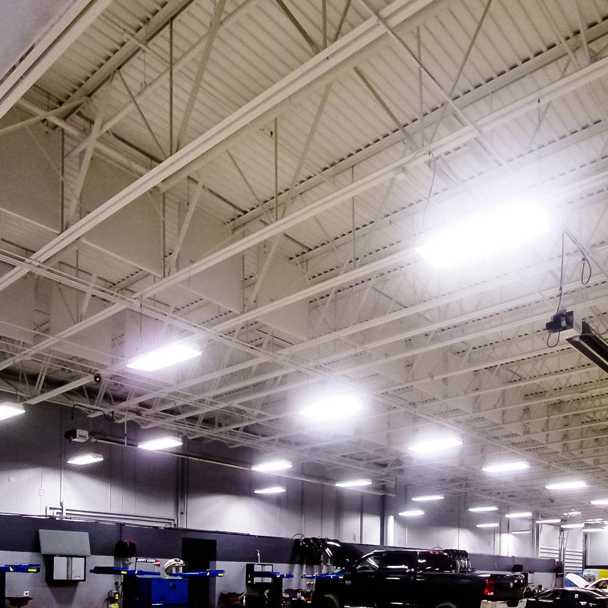 PVC ceiling sound baffles treat the acoustics in the Sam Leman Auto Repair Shop.