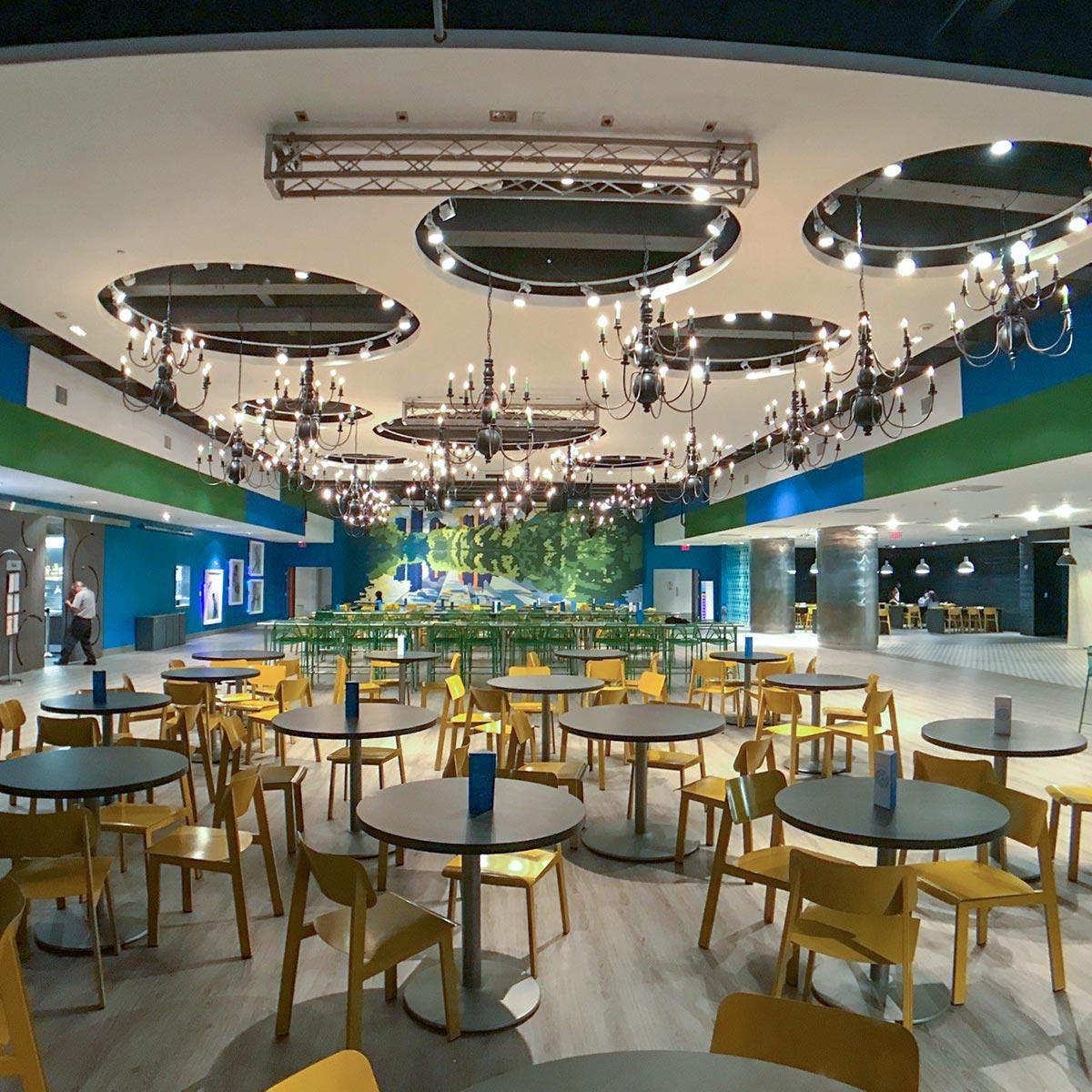 Savannah College of Art & Design utilized the custom nature of the AcoustiWall Fabric Stretch system with Whisper Fabric and our installation services to meet their high design standards as well as attain excellent acoustics in their student commons named The Hub.