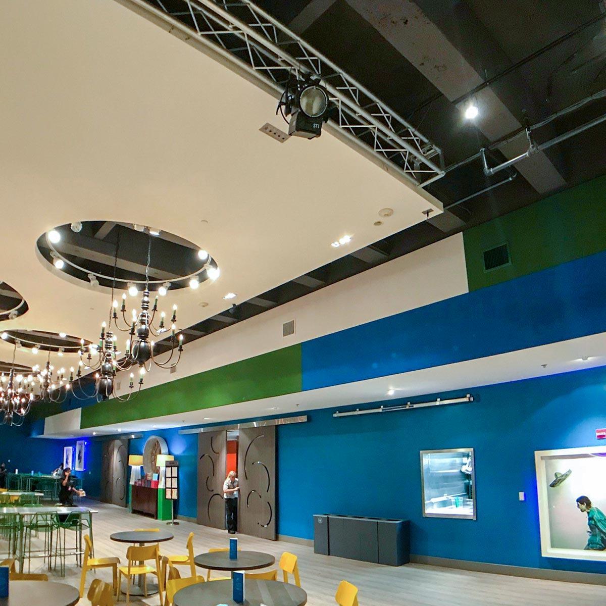 Acoustic panels cover the walls in SCAD's common room to reduce reverberation.