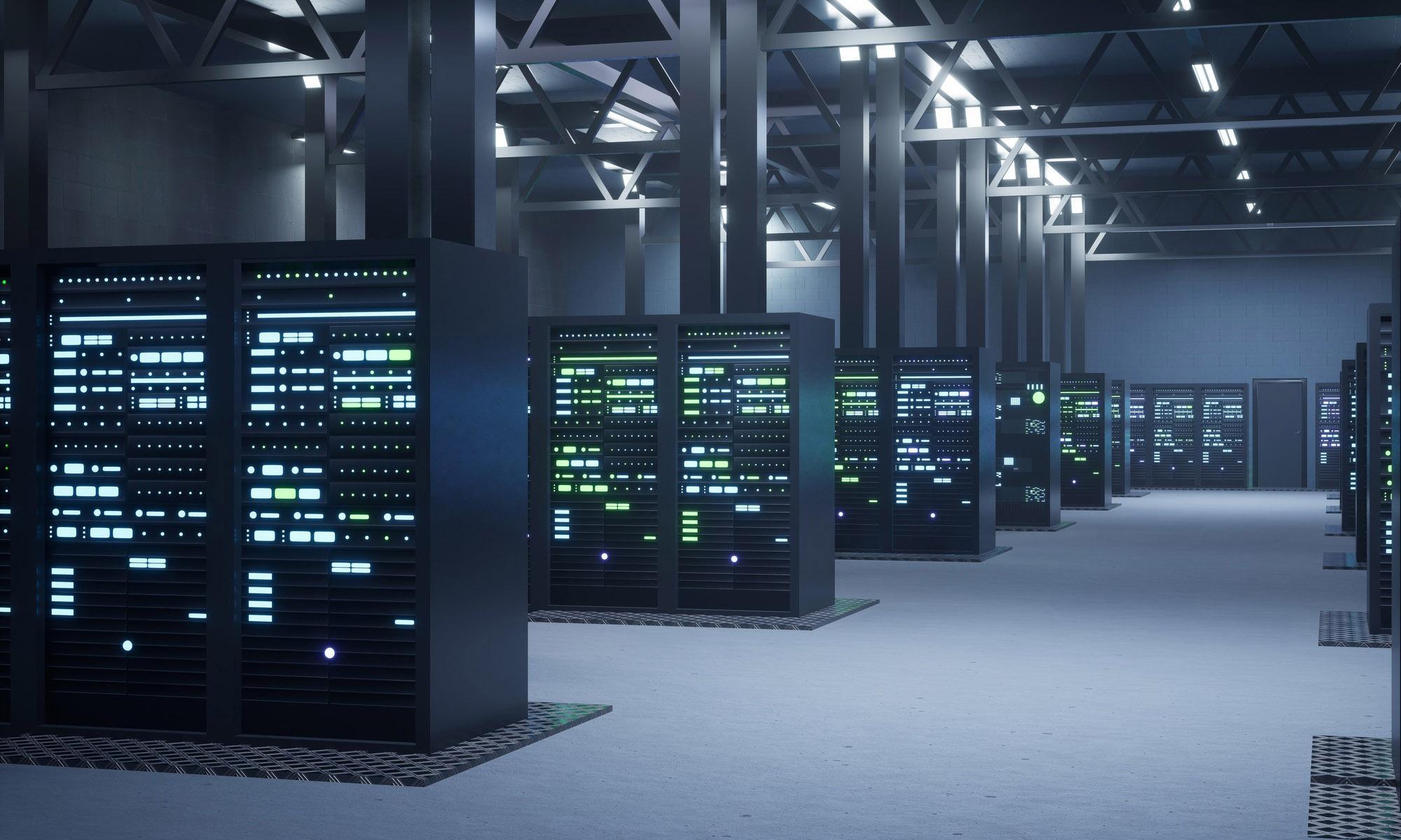 Server farm providing computational resources needed for artificial intelligence to process datasets for training. Supercomputers storing data used for machine learning, 3D render animation — Photo by DragosCondreaW
