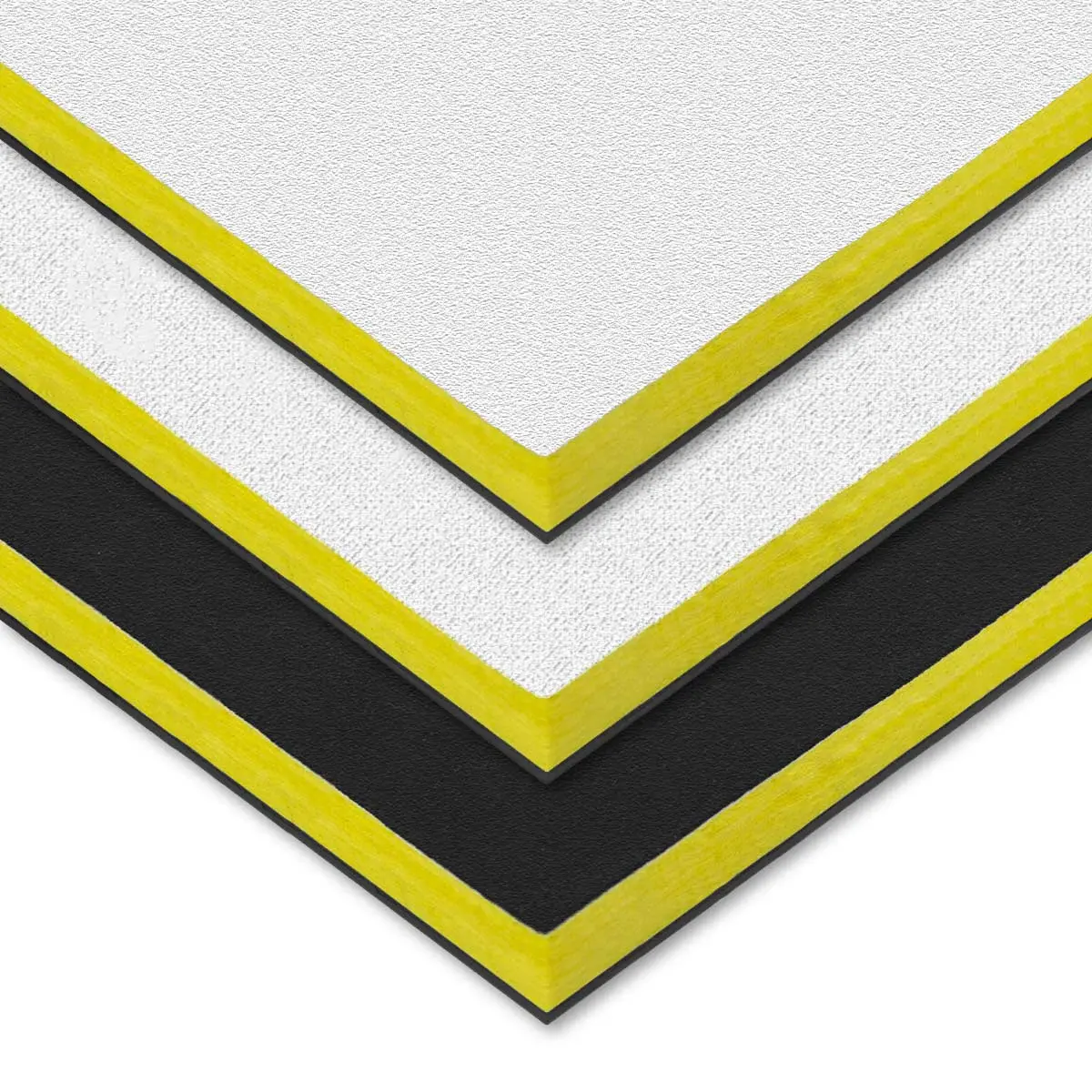 PrivacyShield Soundproofing Sound Barrier Ceiling Tiles Closeup of Pebble Vinyl (top), Nubby Cloth (middle), and Black Felt (bottom)