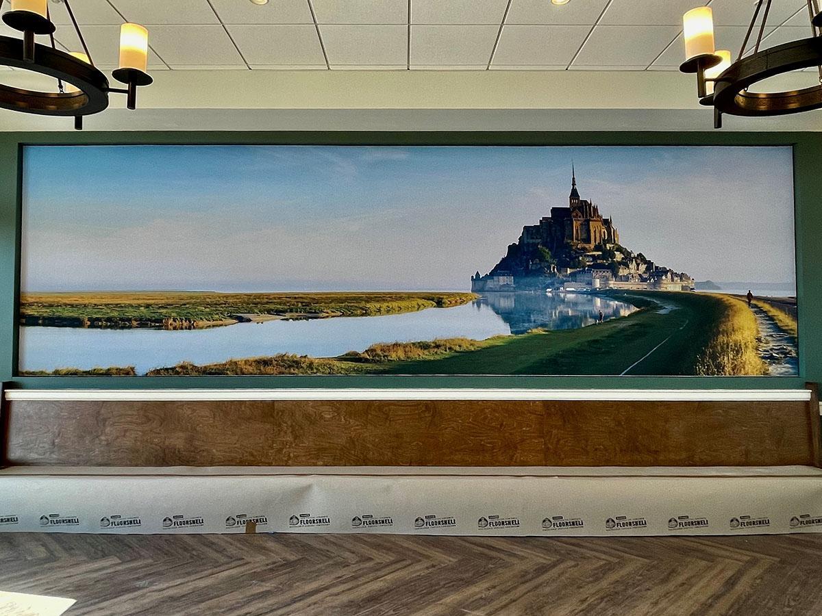 A custom printed Acoustiwall installed in the dining hall at Saint Gertrude High School