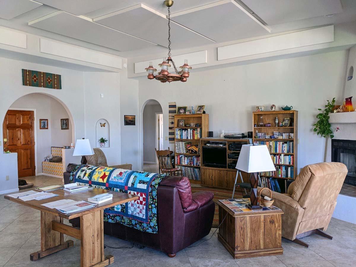 Fabric wrapped acoustic panels reduce noise in Steve Hayes' home.