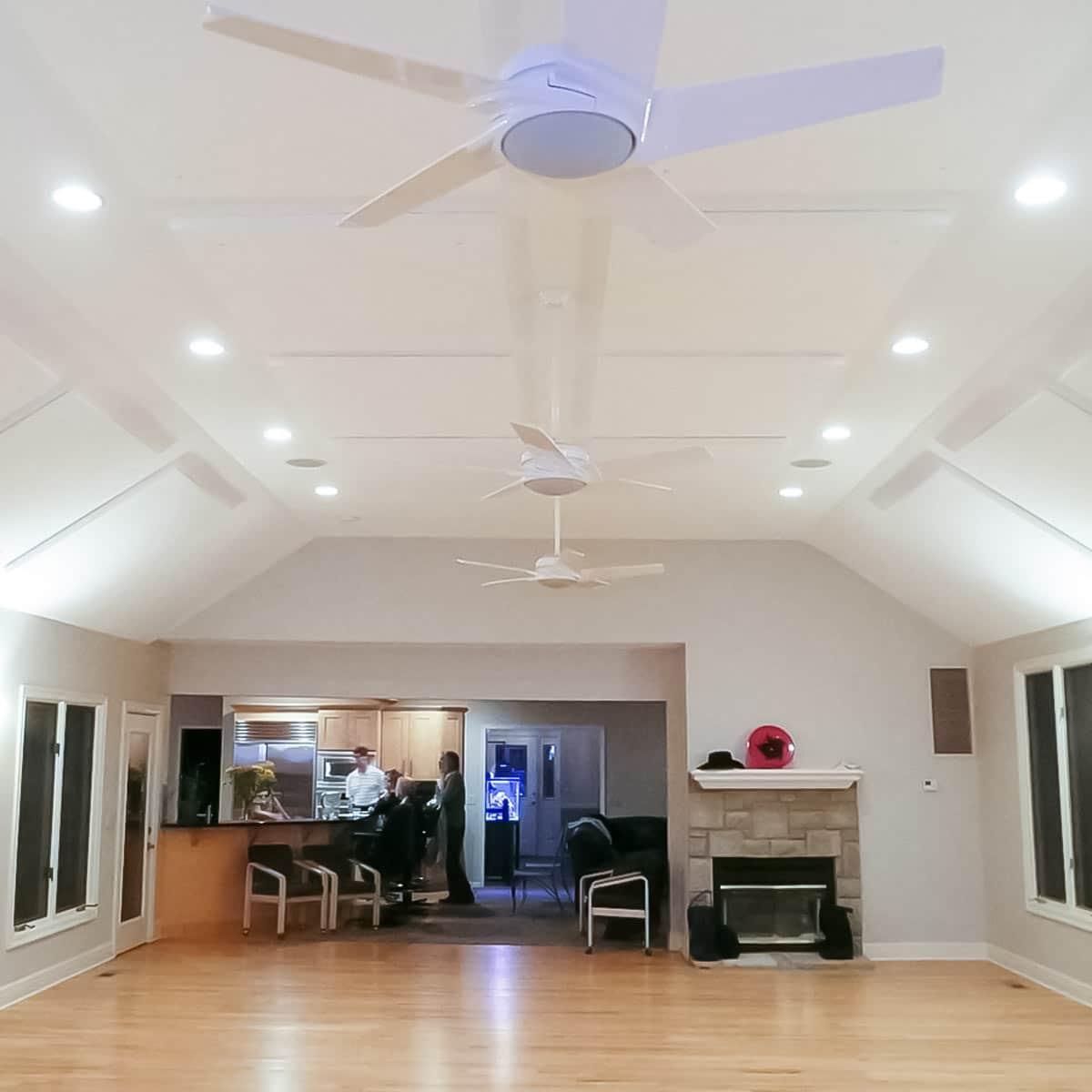 Sustainable Series Acoustic Panels installed to the ceiling and the angled wall in a dance studio.