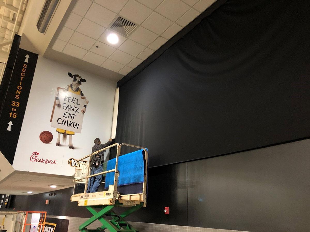 AcoustiWall Fabric Stretch System being installed at VCU Siegel Center.