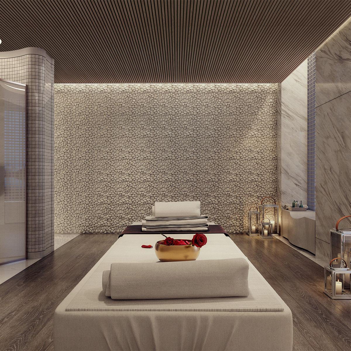 AlphaSorb Designer Acoustic Wood Slat Panels in Walnut in a Spa