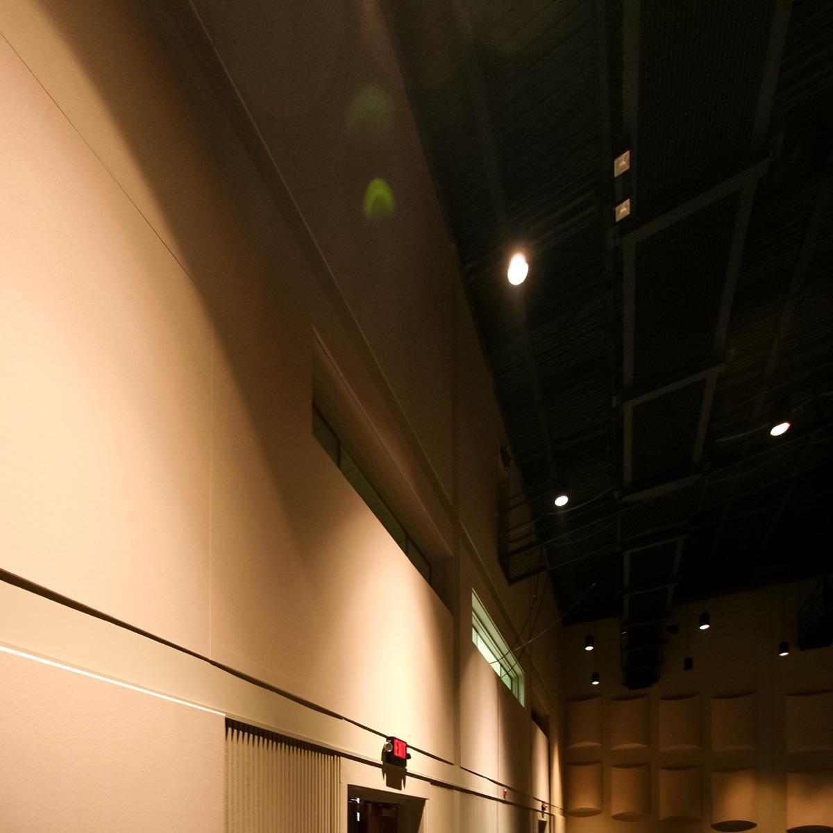 Rear wall of performing art hall using AlphaSorb® Panels to reduce slap echo.