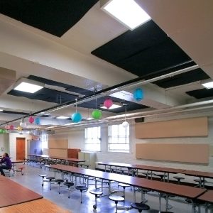 Bellevue Elementary reduced sound levels in their cafeteria using AlphaSorb Wall Panels and PolyPhon™ Panels mounted to ceiling.