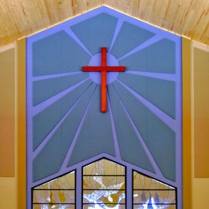 Gretna United Methodist Church sanctuary using custom designed AlphaSorb® wall panels to reduce the echo while looking completely unique.