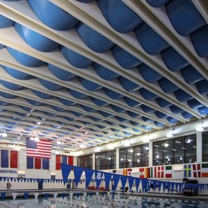 AlphaFlex PVC Ceiling Banners and AlphaEnviro PVC Acoustic Panel completely turned this Natatorium (Indoor Pool) into a great sounding and super functional space.