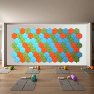 AlphaSorb Designer Premium Acoustic Felt Hexagon Wall Panels installed in a Yoga studio