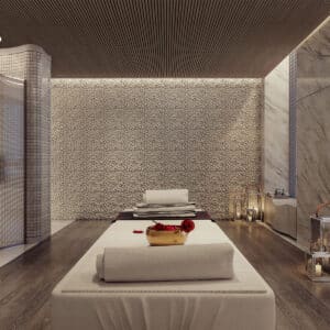 AlphaSorb Designer Acoustic Wood Slat Panels in Walnut in a Spa